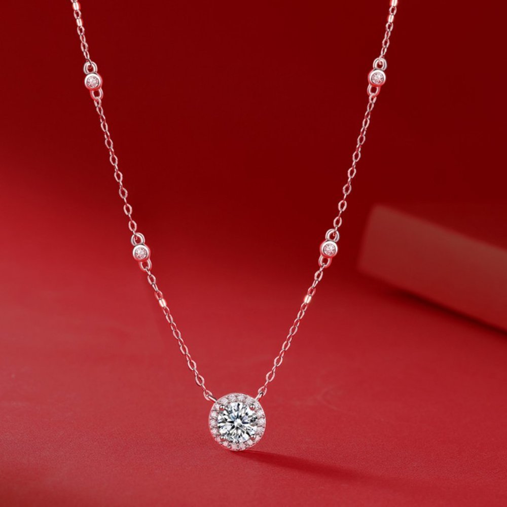 Certified 1ct. t.w. Moissanite Diamond Round Halo Chain Necklace NEW
